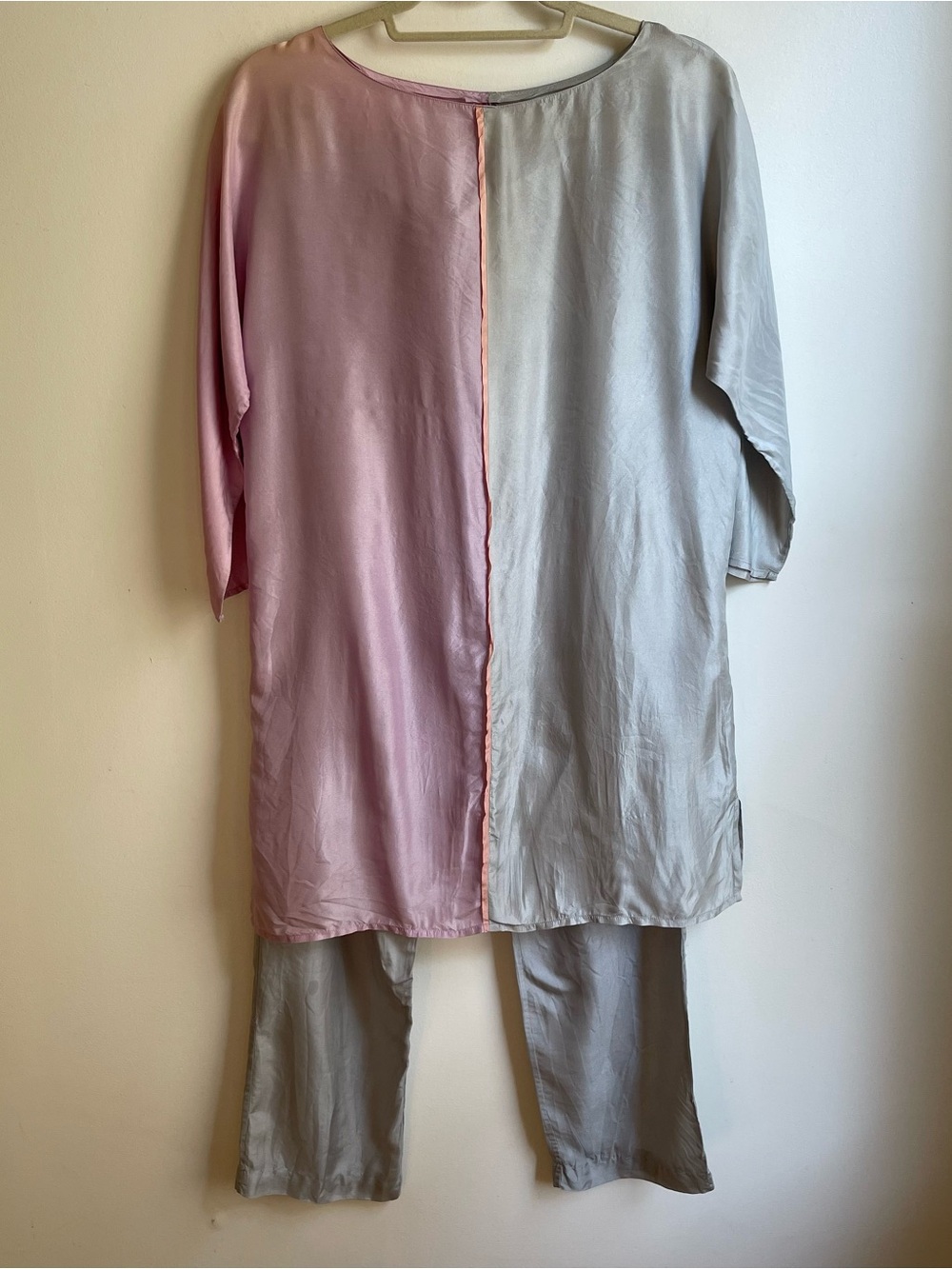 Vintage 80s Betsy Gonzalez Silk Set Pants Tunic Two Piece Silver Lavender Small